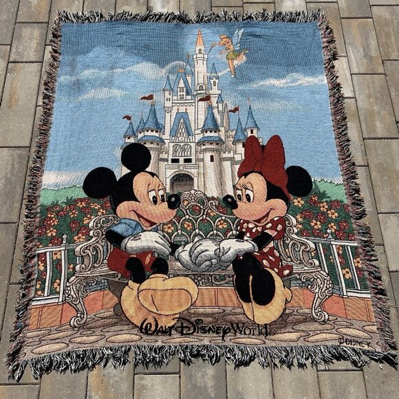 Walt Disney World Mickey & Minnie Mouse Blanket Tapestry Woven Throw EUC 60"x50"